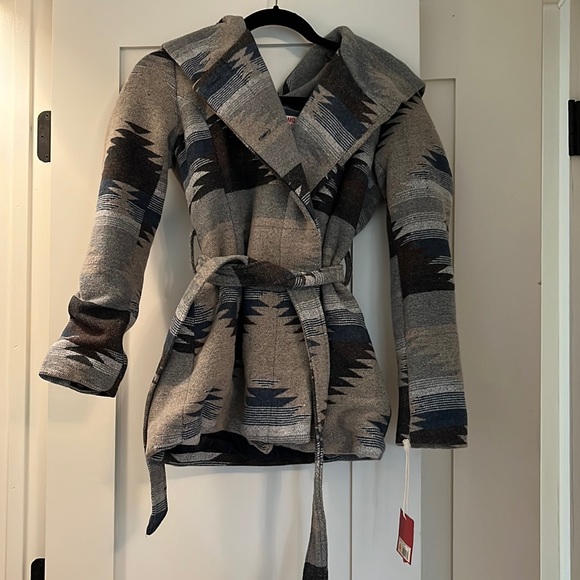 Mossimo Supply Co. Jackets & Blazers - Mossimo Gray Blue Southwestern Santa Fe Aztec Blanket Hooded Shawl Belted Coat
